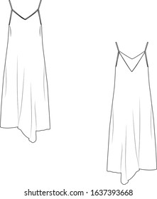 Vector illustration of women's long summer dress. Fashion flat sketch. Front and back