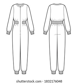 Vector illustration of women's maxi jumpsuit with round neck.