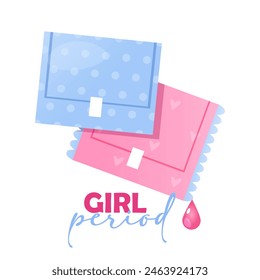 Vector illustration for womens menstruation days with hygiene pads and lettering girl period isolated on white background.