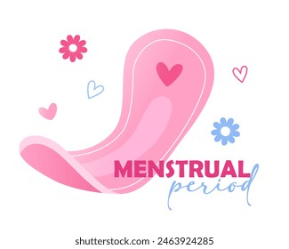 Vector illustration for womens menstruation days with hygiene pad and lettering menstrual period isolated on white background.