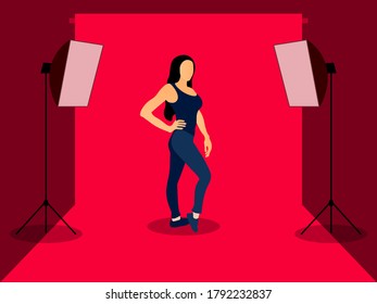 vector illustration of women's model standing at the studio shooting, model character photography style concept.