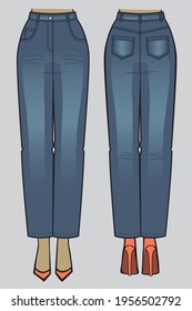 Vector Illustration Of Women's Mom Jeans. Front And Back