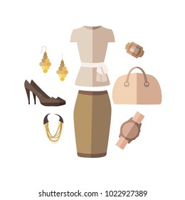 Vector illustration of womens official clothing set - shoes, skirt, bag, ring, necklace, blouse. Fashion set for bags, tag and icon. Isolated on background. Shopping Flat style design.