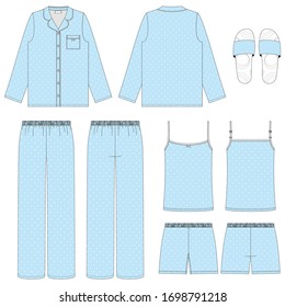 Vector illustration of women's pajamas and home shoes. Front and back.
