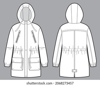 Ilustración vectorial del parka femenino. Frente y atrás