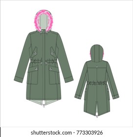 Vector illustration of women's parka. Front and back