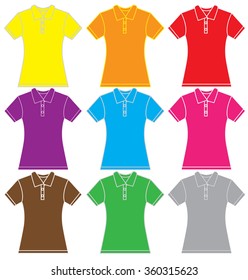 Vector illustration of women's polo shirt template in many color, isolated on white
