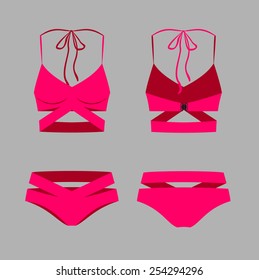Vector illustration of women's red swimsuit. Front and back views