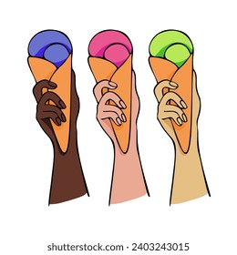 Vector illustration
women's rights union, female power and solidarity
March 8, International Women's Day.
Hand drawn hands with different skin colors and ice cream.