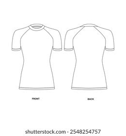 Vector illustration of women's short sleeve rashguard, front and back view. Blank short sleeve sports shirt template. Drawing of basic white jersey t-shirt, vector.