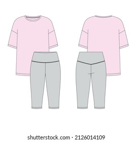 Vector illustration of women's sport cycling shorts and t-shirt.  Colored set. Front and back view.