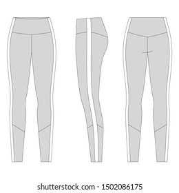 Vector illustration of women's sport leggings. Front, back and side 
