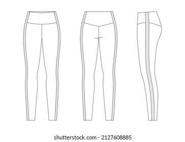 Vector illustration of women's sport leggings. Front, back and side view