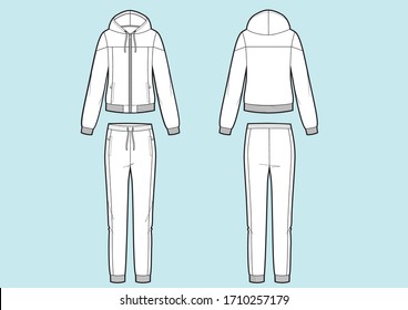 Vector illustration of women's sport suit. Sweatshirt and pants. Front and back views