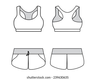 Vector illustration of women's sport underwear. Bra and shorts. Front and back views