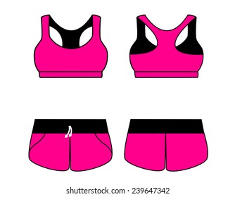 Vector illustration of women's sport underwear. Bra and shorts. Front and back views