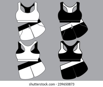 Vector illustration of women's sport underwear. Bra and shorts. Front and back views