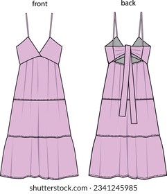 vector illustration of women's summer maxi dress with strappy back tie detail and piece skirt