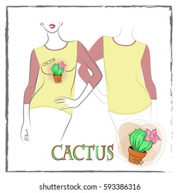 Vector illustration of women's sweaters with sticker  cactus. Views front and rear