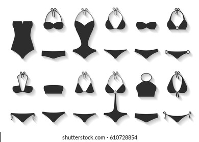 Vector illustration of women's swimsuit black and white design set. Fashion bikini collection. Female stylish swimwear silhouettes isolated. Flat beach clothing underwear.