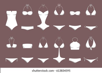 Vector illustration of women's swimsuit design set. Fashion bikini collection. Female stylish swimwear silhouettes isolated. Flat beach clothing underwear