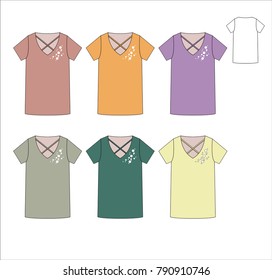 Vector illustration of women's t-shirt with beads. Colored set