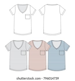 Vector illustration of women's t-shirt. Colored set