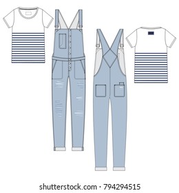 Vector illustration of women's t-shirt and jeans jumpsuit. Colored set. 