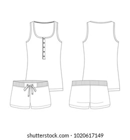 Vector illustration of women's t-shirt and shorts. Front and back.