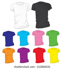 Vector illustration of women's t-shirt template in many color, front design