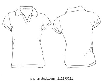 Vector illustration of women's white polo shirt template, flat color with outline, front and back design