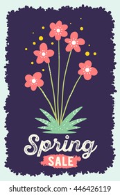 Vector illustration of wonderful floral template with beautiful red flower, blue frame, inscription spring sale on dark background. Hand draw flat doodle art design of flower poster, card, invitation