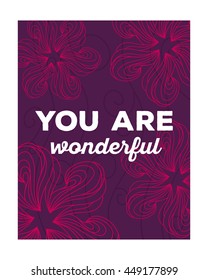Vector illustration of wonderful floral template with red beautiful flower, white frame and inscription on dark background. Thin flat line art design to make flower poster, card, wedding invitation