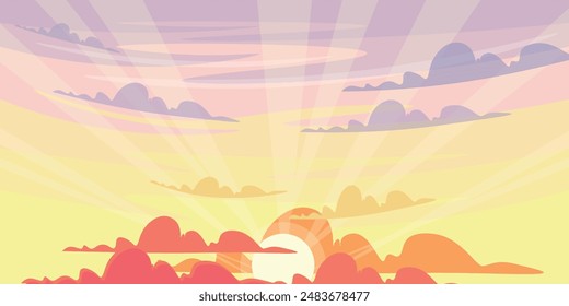 Ilustración vectorial de un maravilloso paisaje celestial. Escena de dibujos animados de un hermoso atardecer o amanecer en el cielo con nubes esponjosas de tonos pastel: rojo, naranja, púrpura, rayos amarillos del sol.