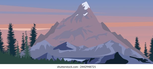 Vector illustration. Wonderful mountainous nature. Travel concepts. Beautiful view of mountains and forests. Perfect picture for your screensaver, cover, card and more.