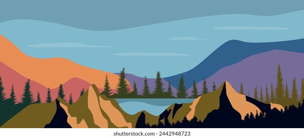 Vector illustration. Wonderful mountainous nature. Travel concepts. Beautiful view of mountains and forests. Perfect picture for your screensaver, cover, card and more.