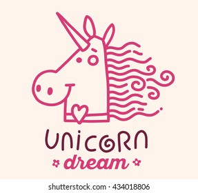 Vector illustration of wonderful pink head of unicorn with horn, heart and inscription unicorn dream on light background. Thin flat line art design to make unicorn poster, invitation, greeting card