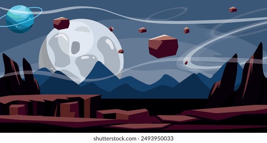 Vector illustration of a wonderful space landscape. Cartoon scene, view from space with mountain surface, rocks, cracks in the ground, falling solid space object, big planets, cloudy sky. Outer space.