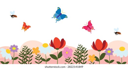 Vector illustration of a wonderful spring background with butterflies, flowers. Cartoon scene of blue, pink, orange butterflies, bees flying over fragrant tulips, white, pink, purple, daisies, leaves.