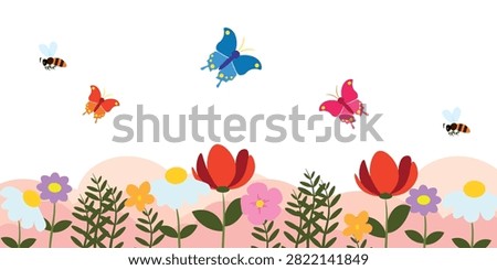 Vector illustration of a wonderful spring background with butterflies, flowers. Cartoon scene of blue, pink, orange butterflies, bees flying over fragrant tulips, white, pink, purple, daisies, leaves.
