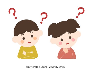 Ilustración vectorial de niños preguntándose. Niño y niña inclinan sus cabezas. Interrogantes sobre sus cabezas.