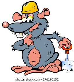 Vector illustration of an wondering Rat with yellow Helmet holding a spade