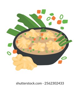 A Vector Illustration of Wonton Soup in a Black Bowl with Wonton Dumplings, Bok Choy, Spring Onions, and Carrots