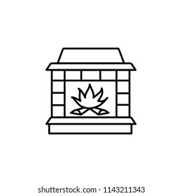 Vector illustration of wood burning fireplace. Line icon of stone stove. Isolated object on white background.