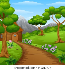 Vector illustration of Wood cabin in the countryside with mountains and dirt road