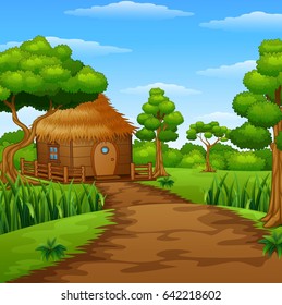 Vector illustration of Wood cabin in the forest