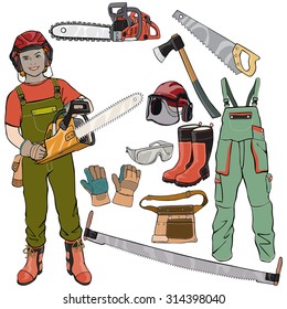 Vector illustration, wood cutter gear, cartoon concept, white background.