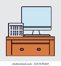 Vector illustration of a wood desk with a computer screen and books