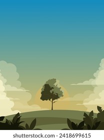 Vector illustration. Wood in the field, natural landscape. Lonely tree, nature, mental health, psychology. Vertical banner, poster, postcard. Flat design.