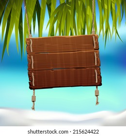 vector illustration of the wood frame under palm leafs